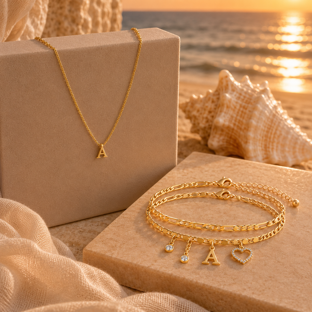 Dainty Initial Letter Necklace & Diamond Heart Anklet Set