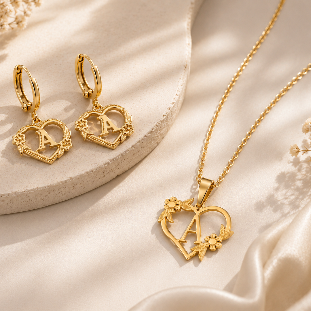 Minimal Floral Heart Initial Necklace & Hoop Earrings Set