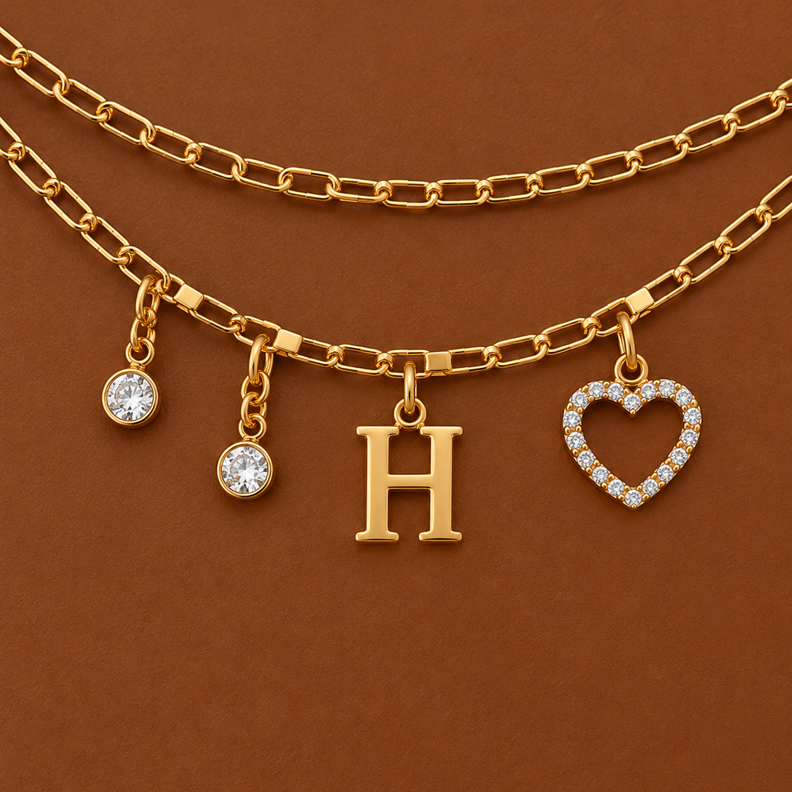 Waterproof gold anklet with initial letter heart charm & dainty layered chain