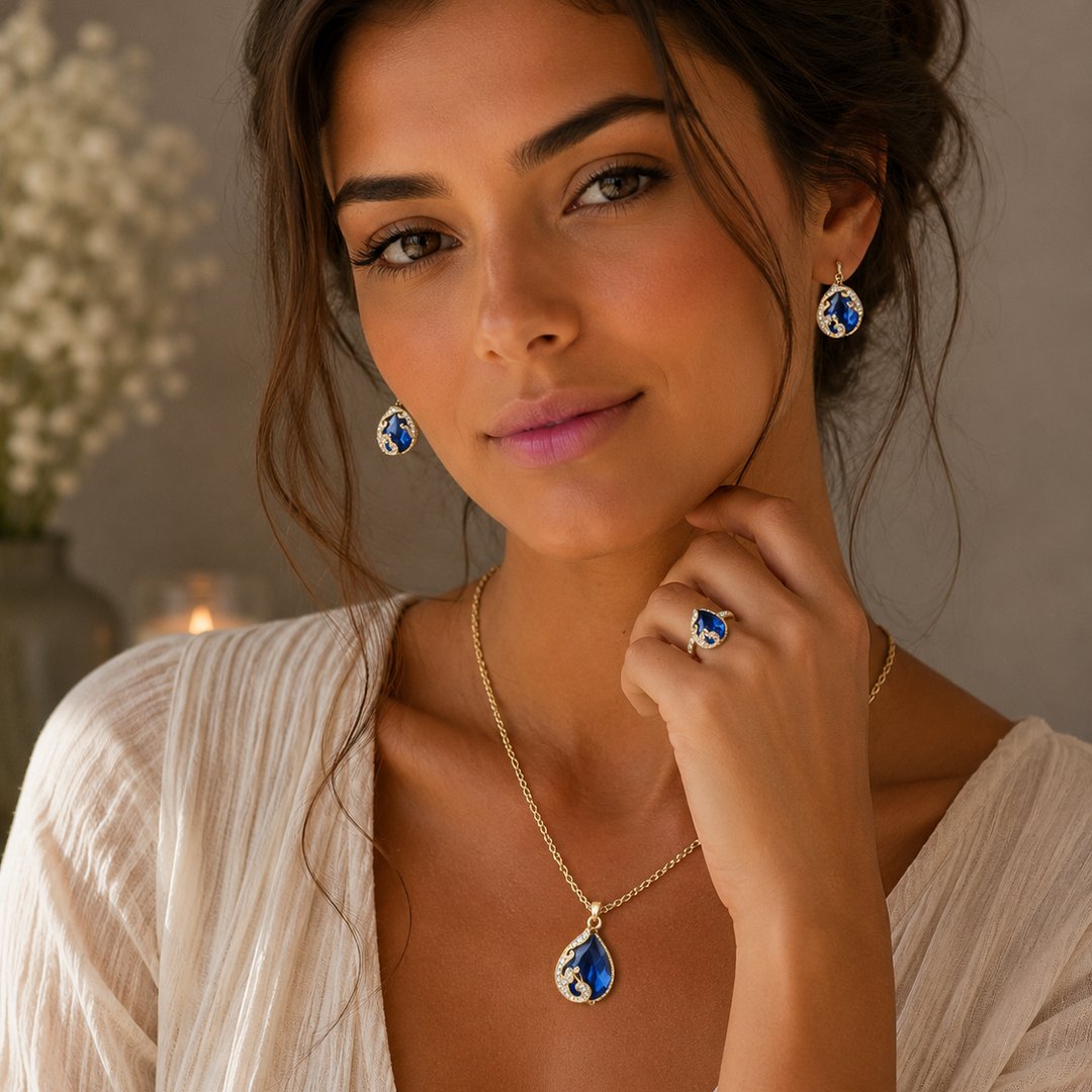 Delicate Blue Crystal Necklace and Earrings Set in Gold