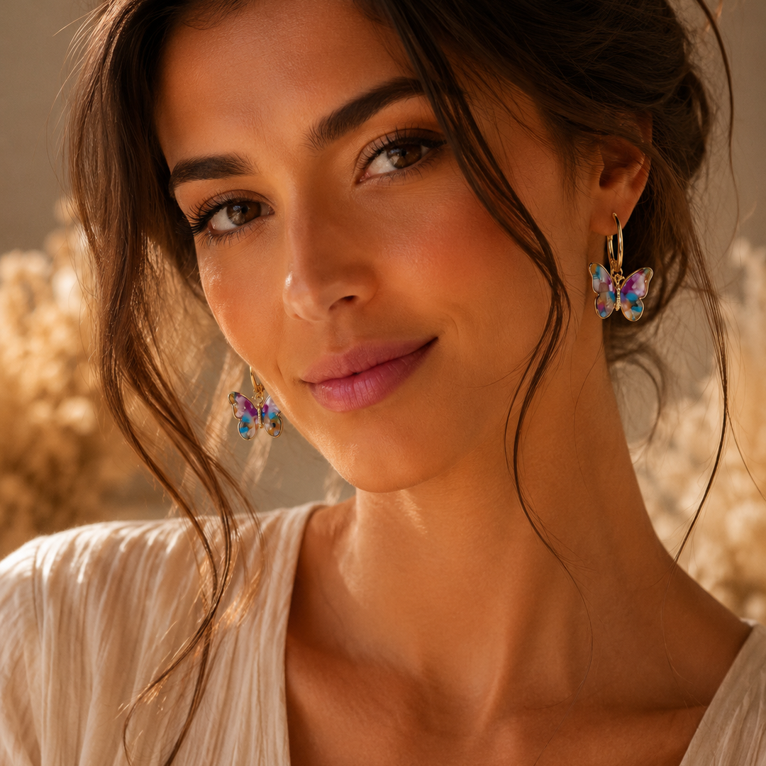 Bohemian Multicolour Butterfly Hoop Earrings in Gold
