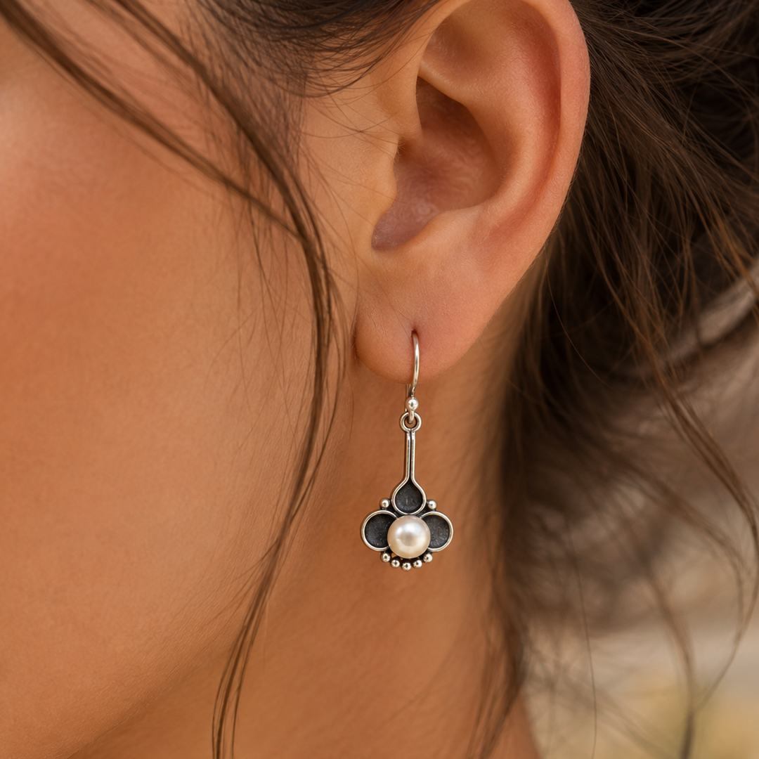 Bohemian Pearl Clover Earrings in Silver