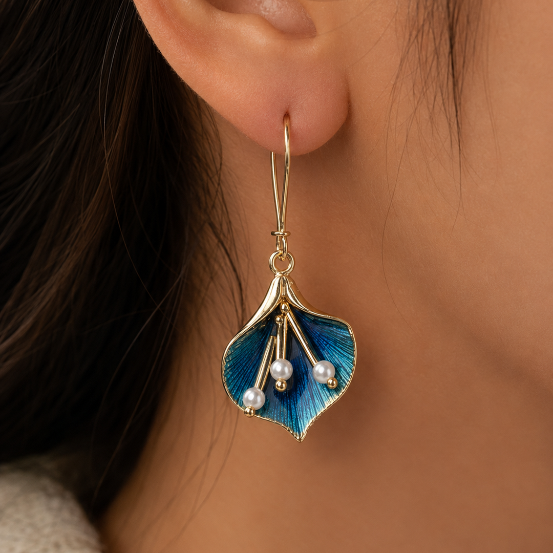 Elegant Blue Pearl Drop Earrings in Gold