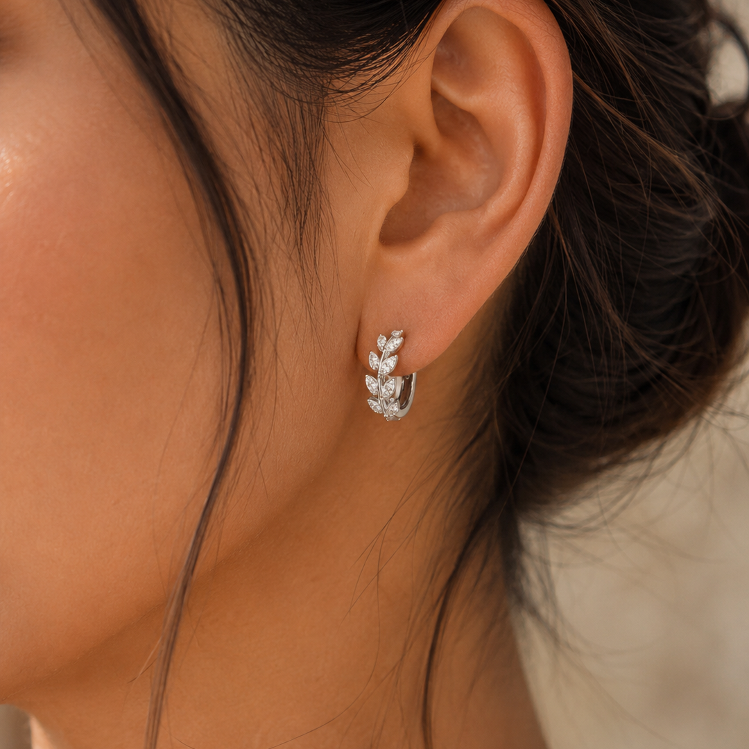 Romantic Leaf Hoop Earrings in Silver