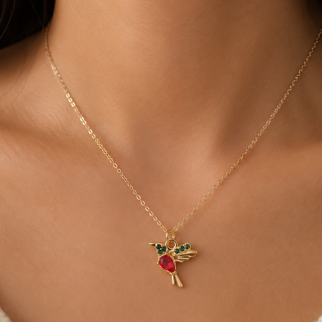 Dainty Blue Crystal Hummingbird Pendant Necklace in Gold