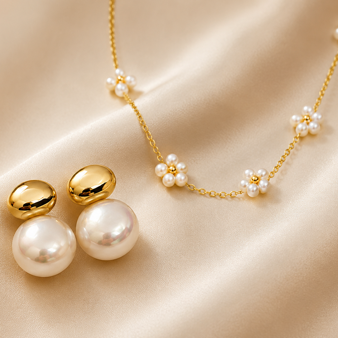 Timeless Pearl Daisy Necklace & Earrings Set