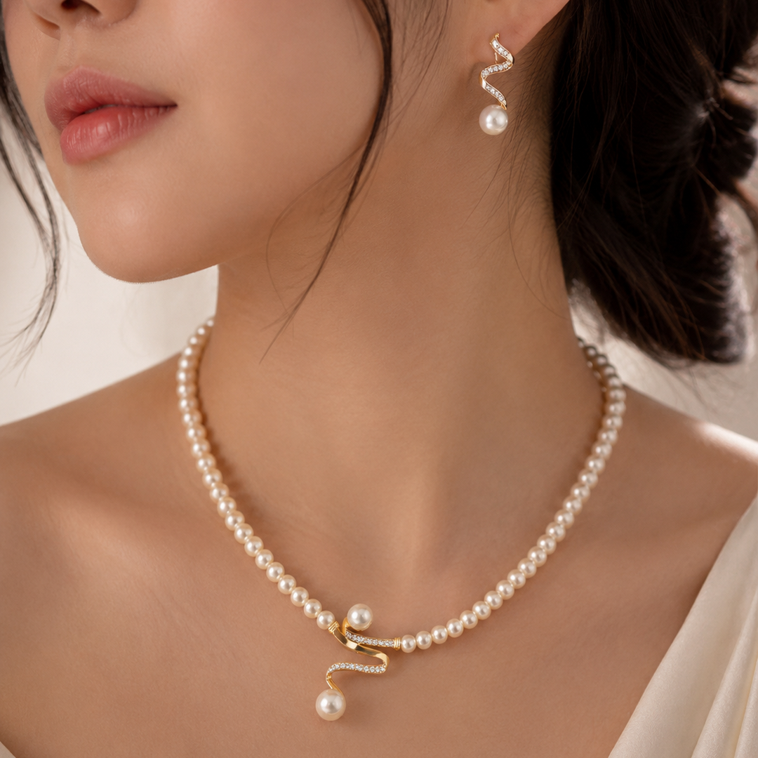 Bohemian Pearl Necklace and Earrings Set