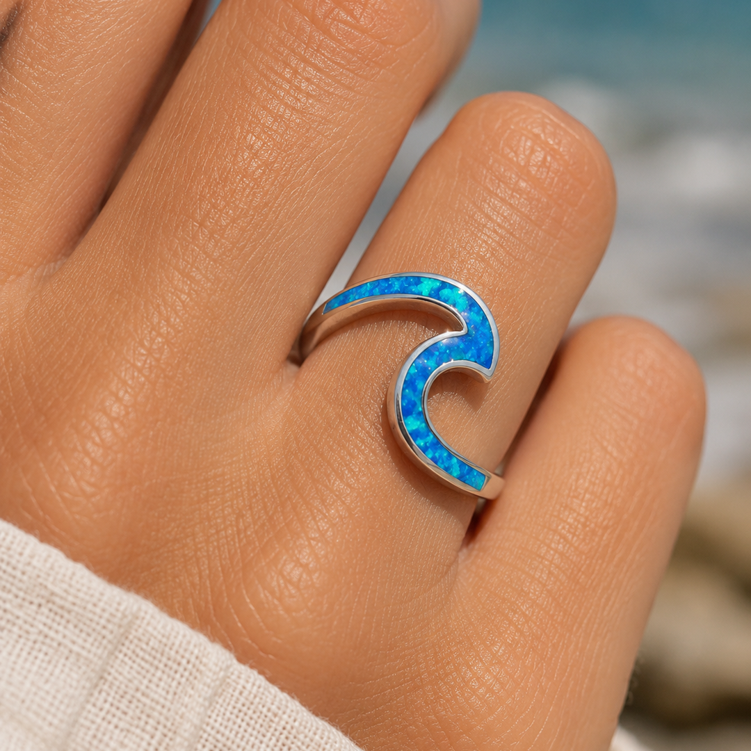 Romantic Blue Opal Wave Ring in Silver