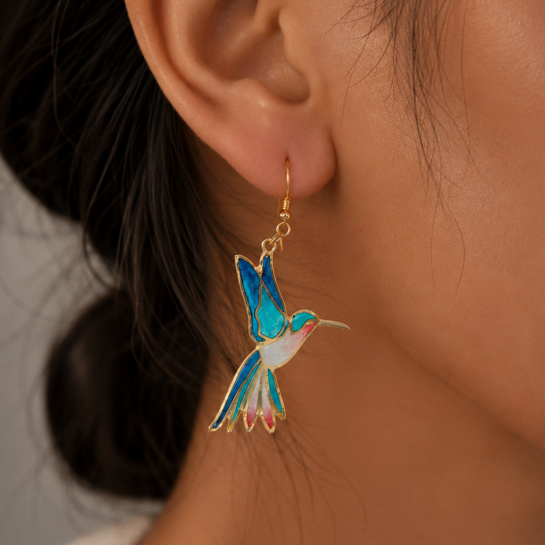 Chic Blue Hummingbird Drop Earrings in Gold