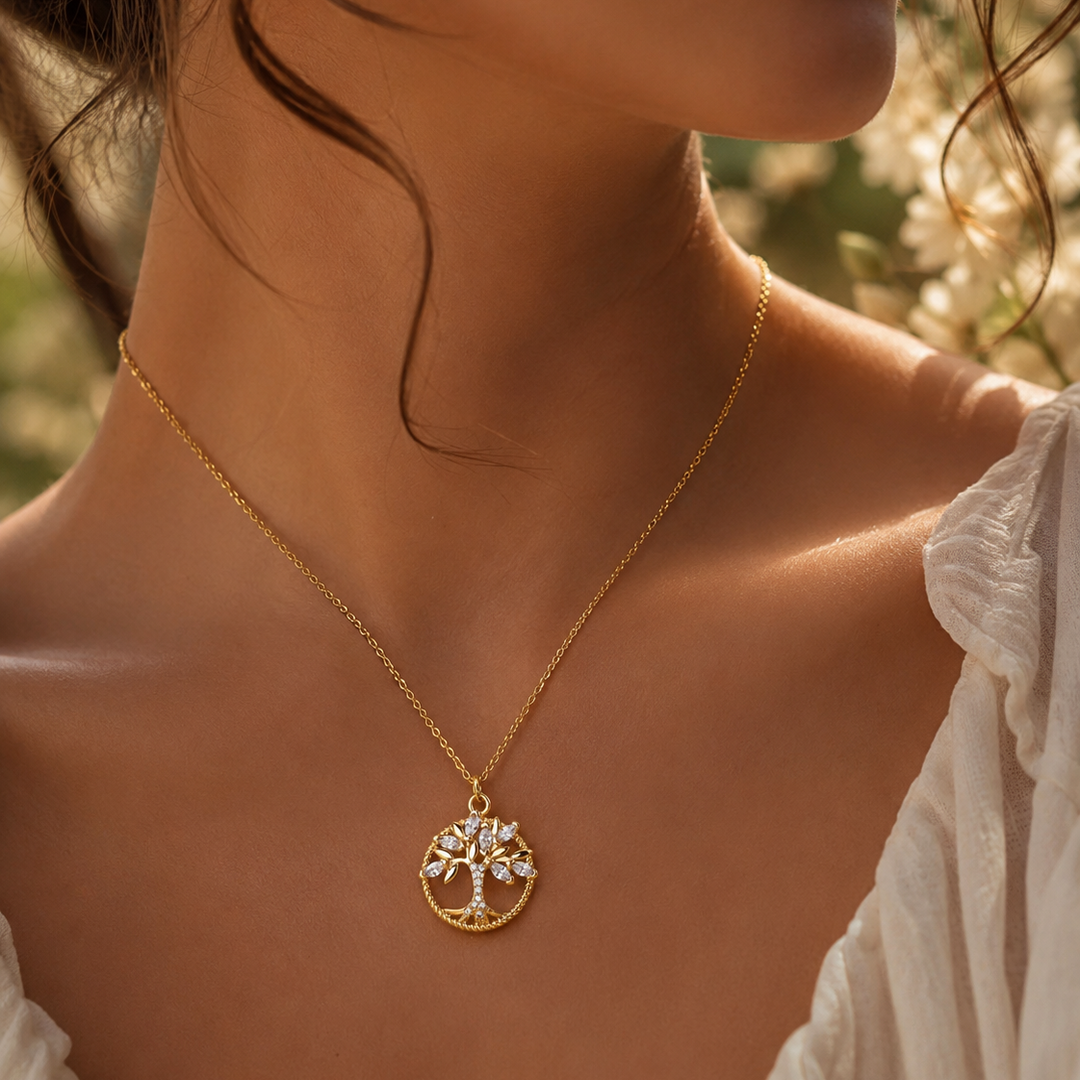 Dainty Crystal Tree of Life Pendant Necklace in Gold