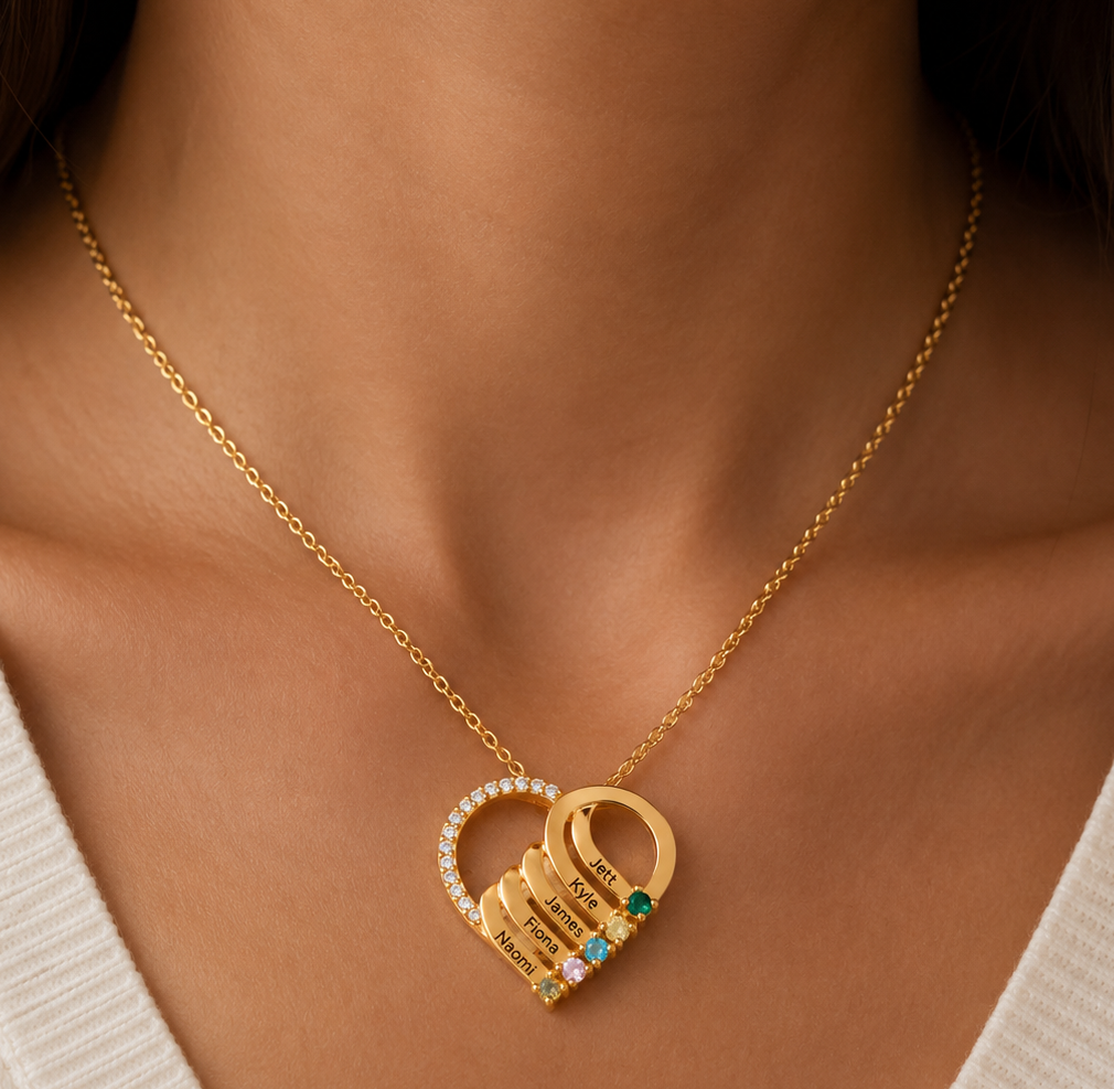 Personalized Name & Birthstone Heart Striped Pendant Necklace