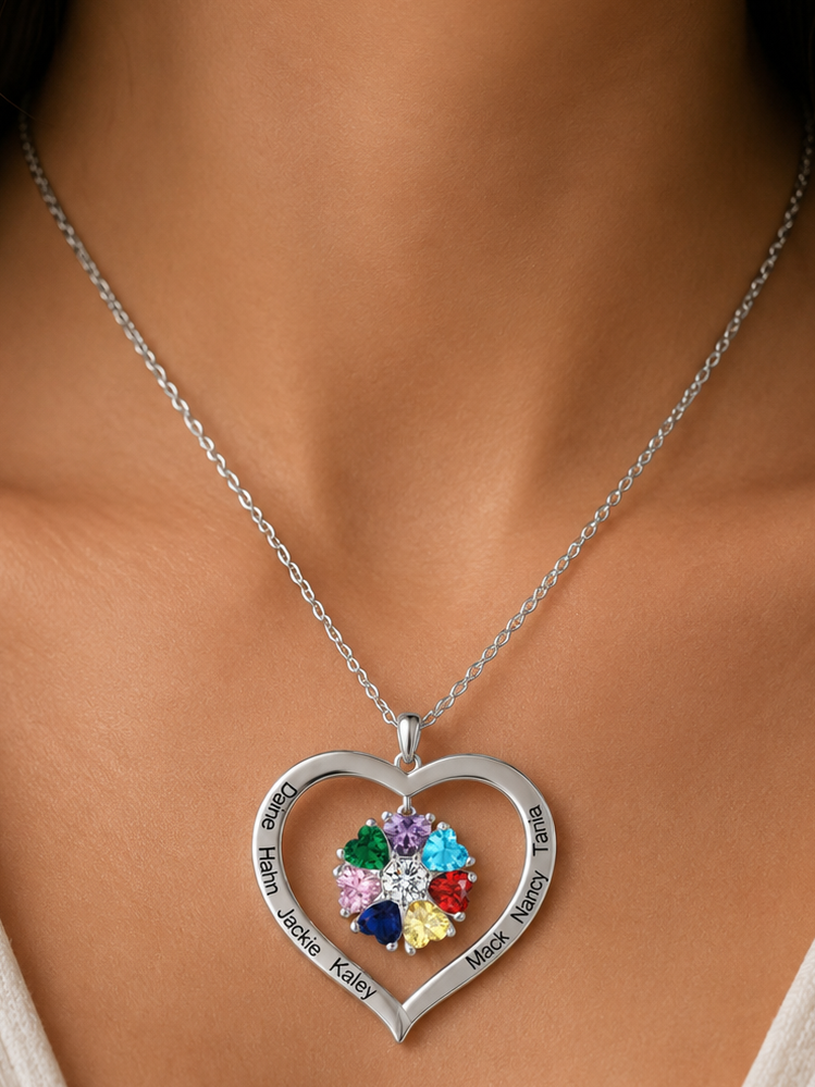 Personalized Names & Birthstones Heart Pendant Necklace