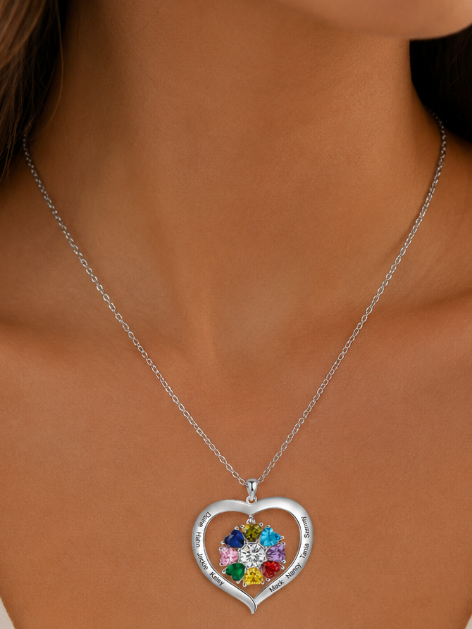 Personalized Names & Birthstones Heart Pendant Necklace