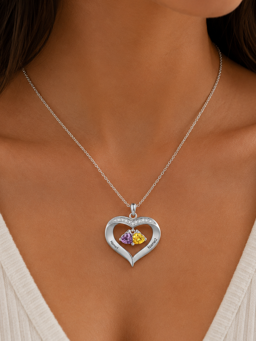 Personalized names & birthstones heart pendant necklace