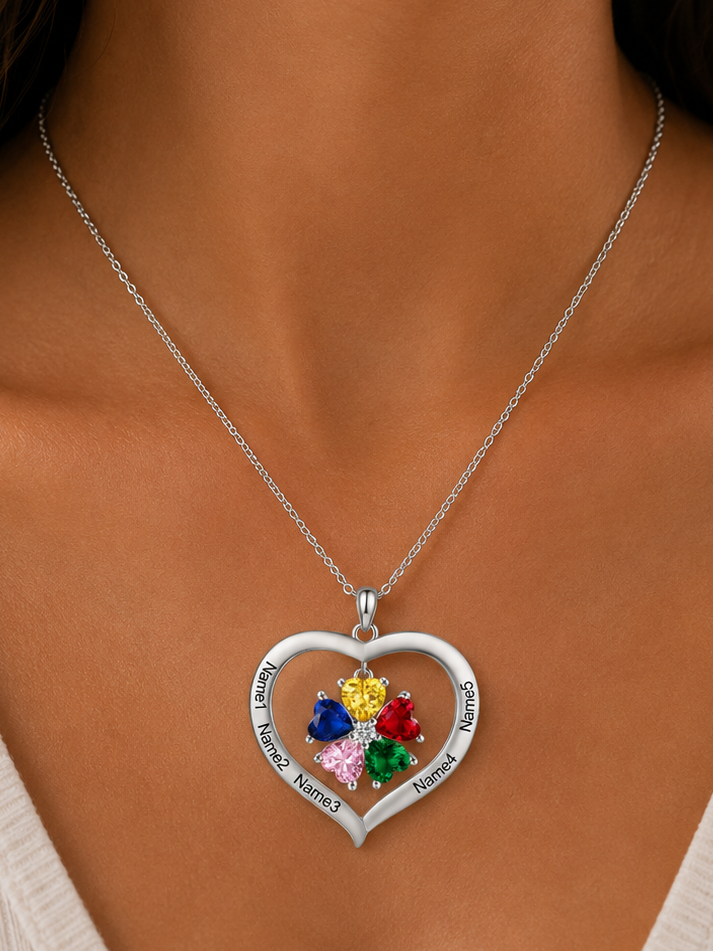 Personalized Names & Birthstones Heart Pendant Necklace