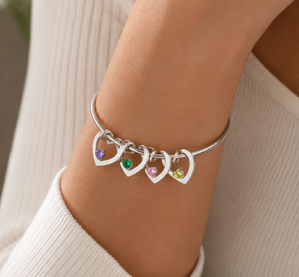 Dainty name & birthstone heart charm bangle bracelet & necklace