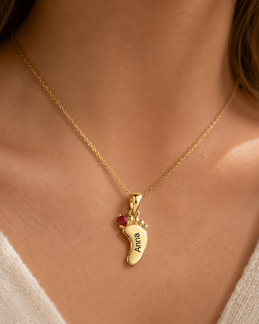 Personalized Baby Feet Name & Birthstone Necklace