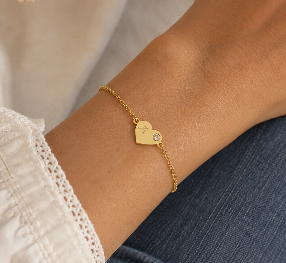 Dainty Heart Birthstone Letter Initial Bracelet