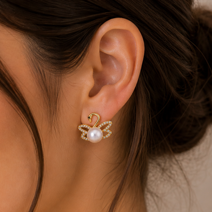 Gold Diamond Swan Earrings Gold Swan Earrings with Pearl