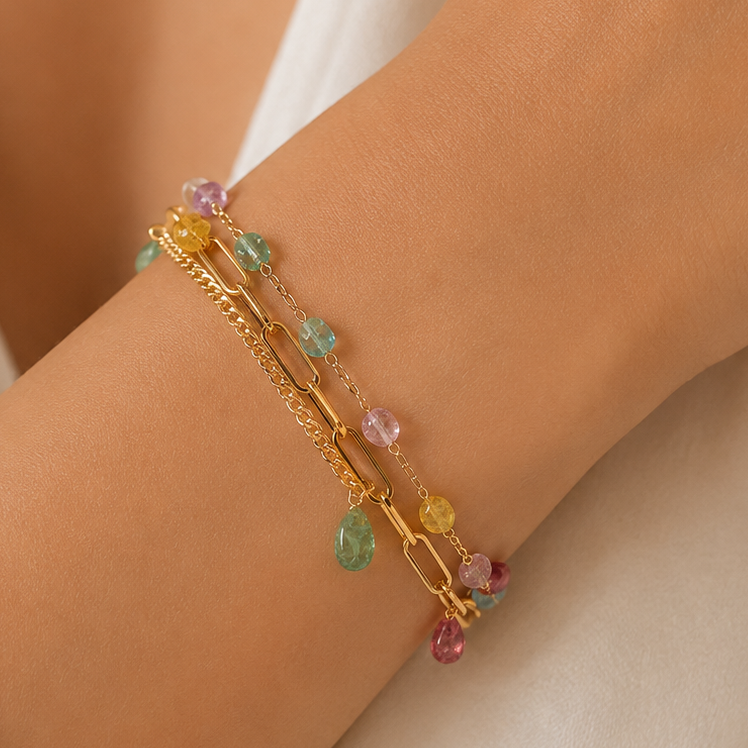 18k Stacked Curb, Paperclip, & Crystal Bracelet