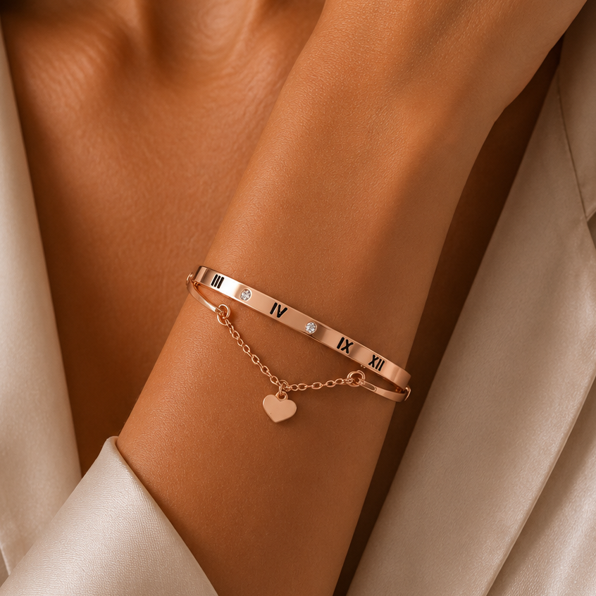 Roman Numeral Heart Dangle Cuff Bracelet