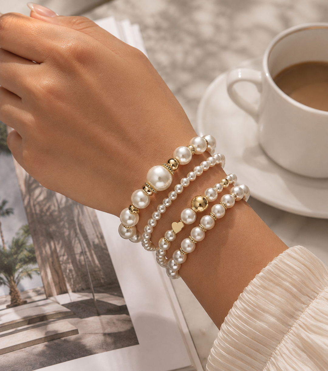 Bold Gold Accented Pearl Bracelet Stack