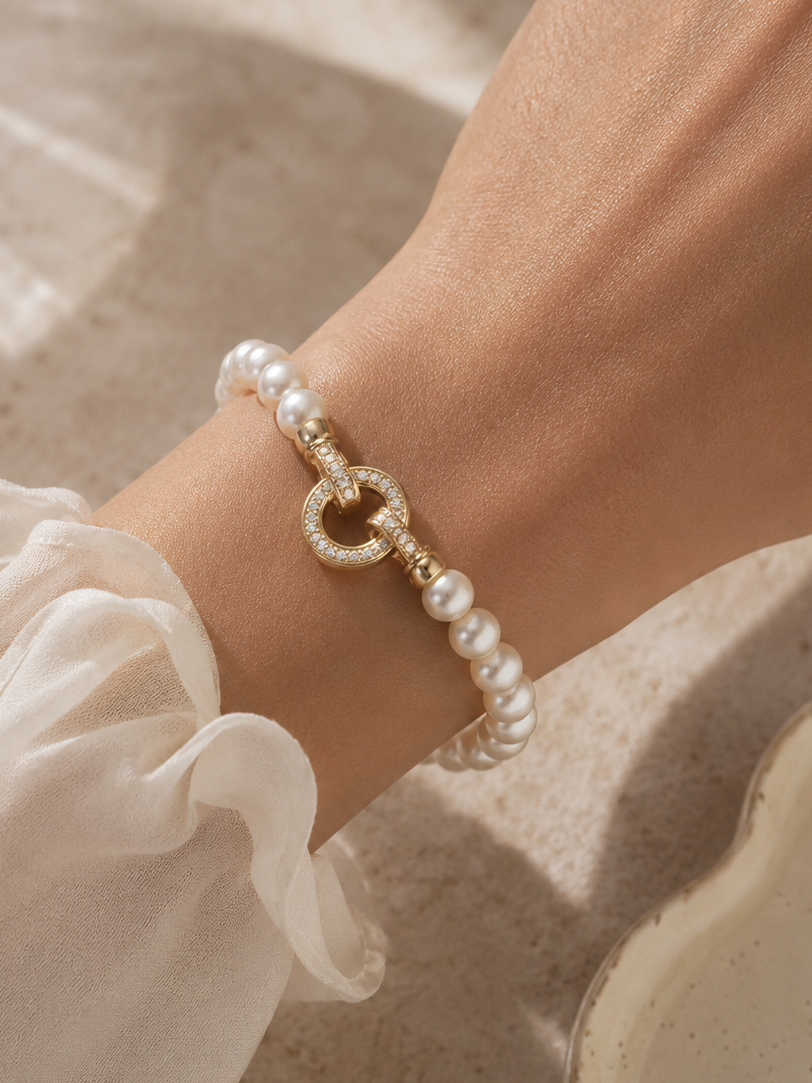 Pearl Diamond Accented Circle Pendant Bracelet and Necklace