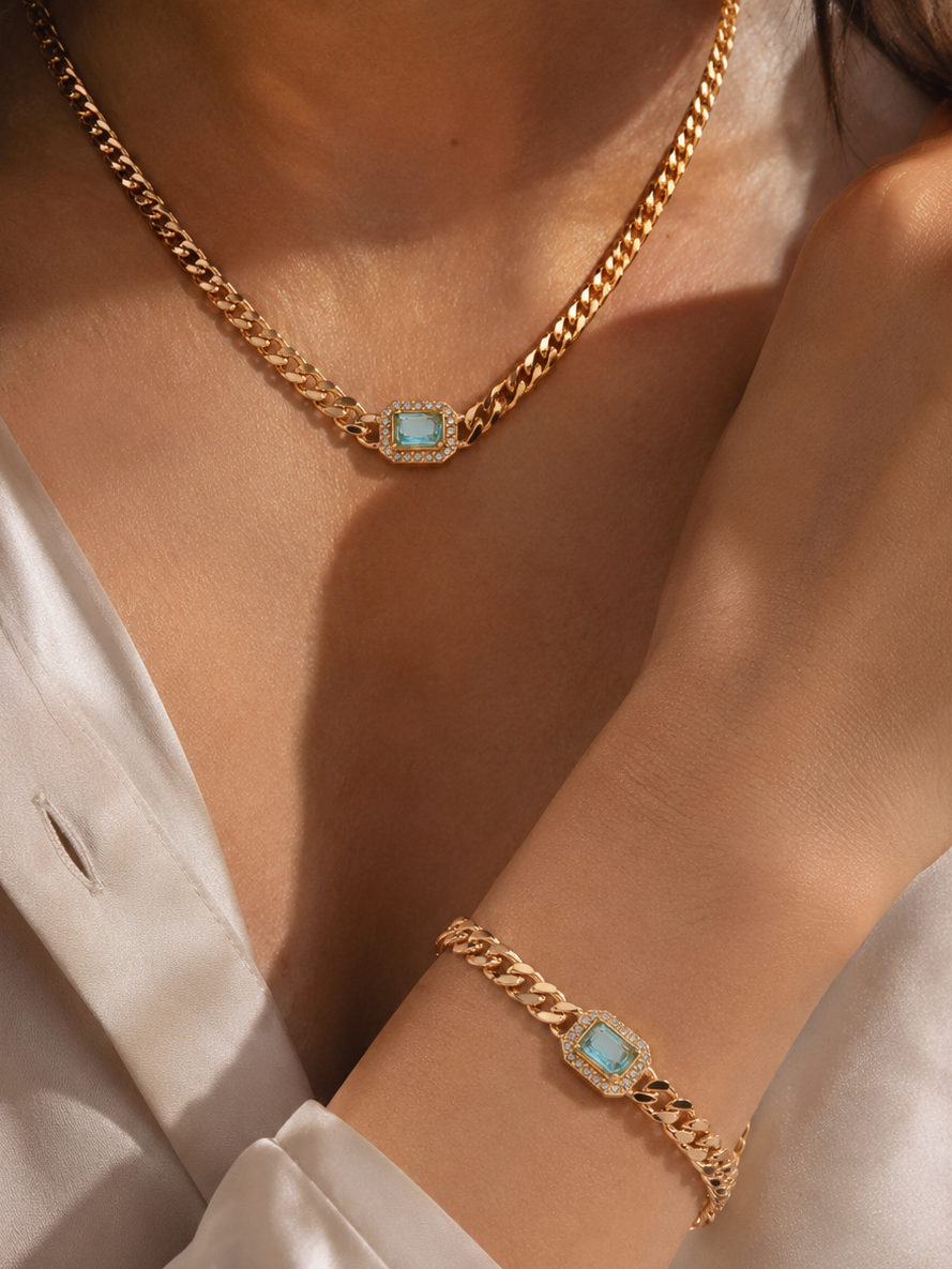 Cuban Chain Square Cut Diamond Choker and Bracelet