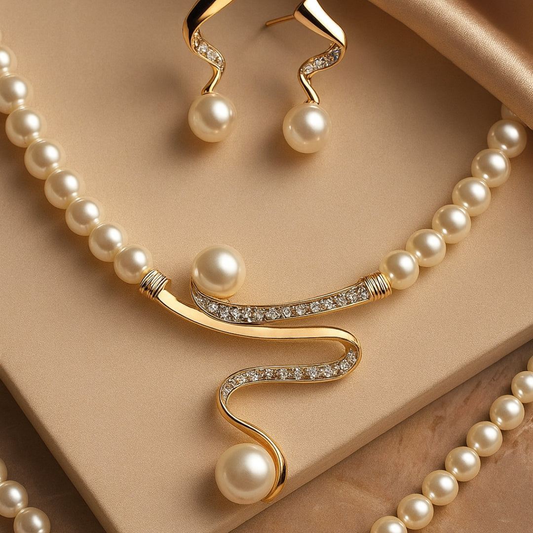 Sparkling Pearl Necklace and Earrings Set