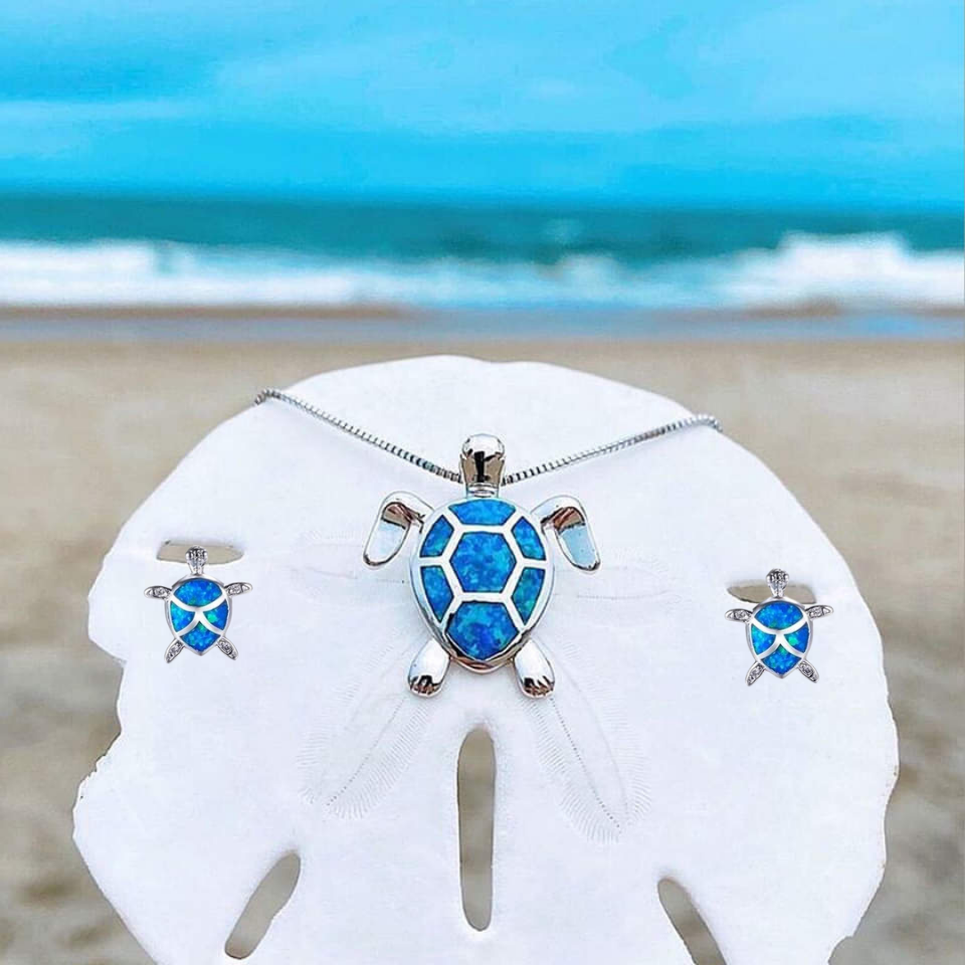Bohemian Opal Sea Turtle Necklace and Earrings Set in Silver