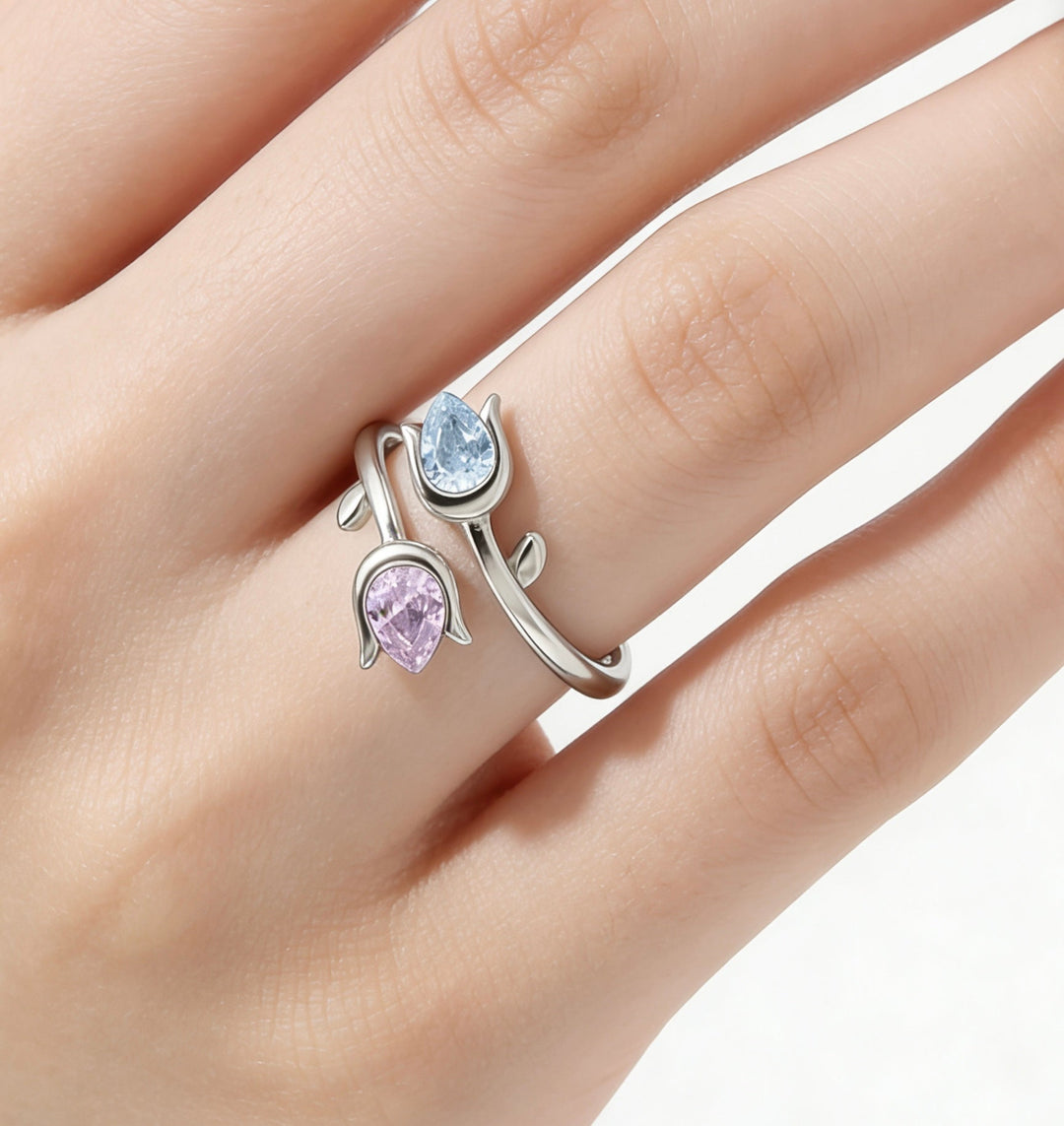 Double Birthstones Ring With Tulip Design