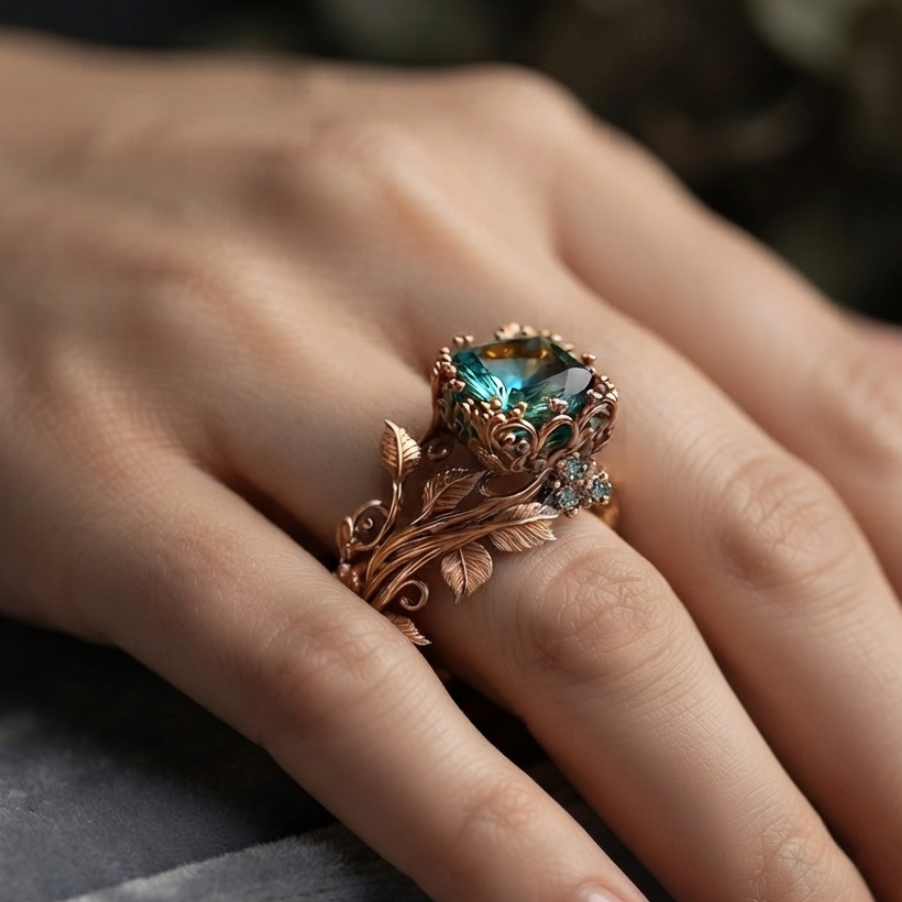 Vintage-Style Green Crystal Nature Ring