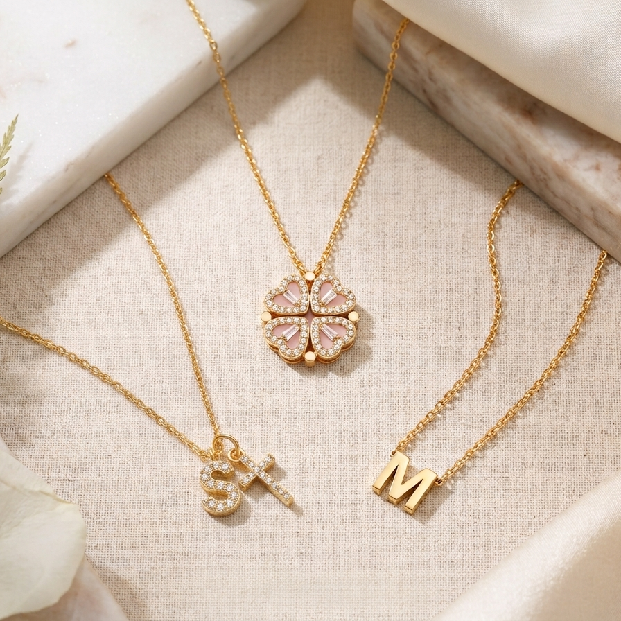 18k dainty necklace stack   eternal clover, initial cross & cecina letter bundle