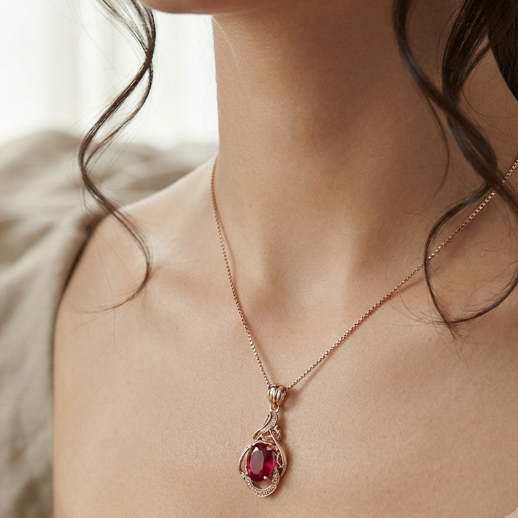 Romantic Red Crystal Necklace in Gold