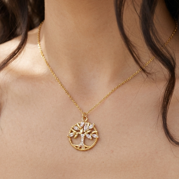 Dainty Zirconia Tree of Life Necklace in Gold