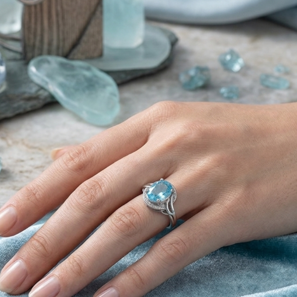 Sparkling Blue Crystal Ring in Silver
