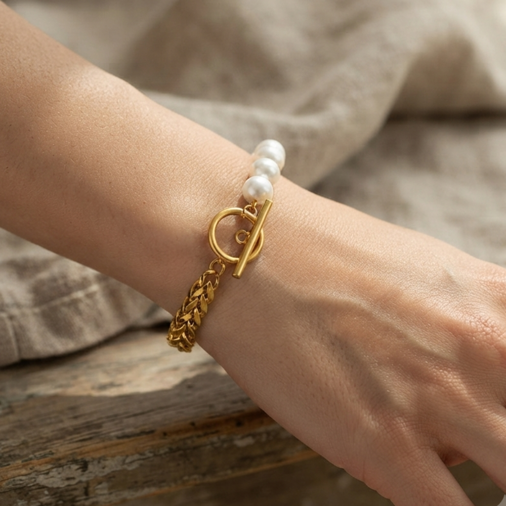 Dainty Pearl Charm Bracelet in Gold