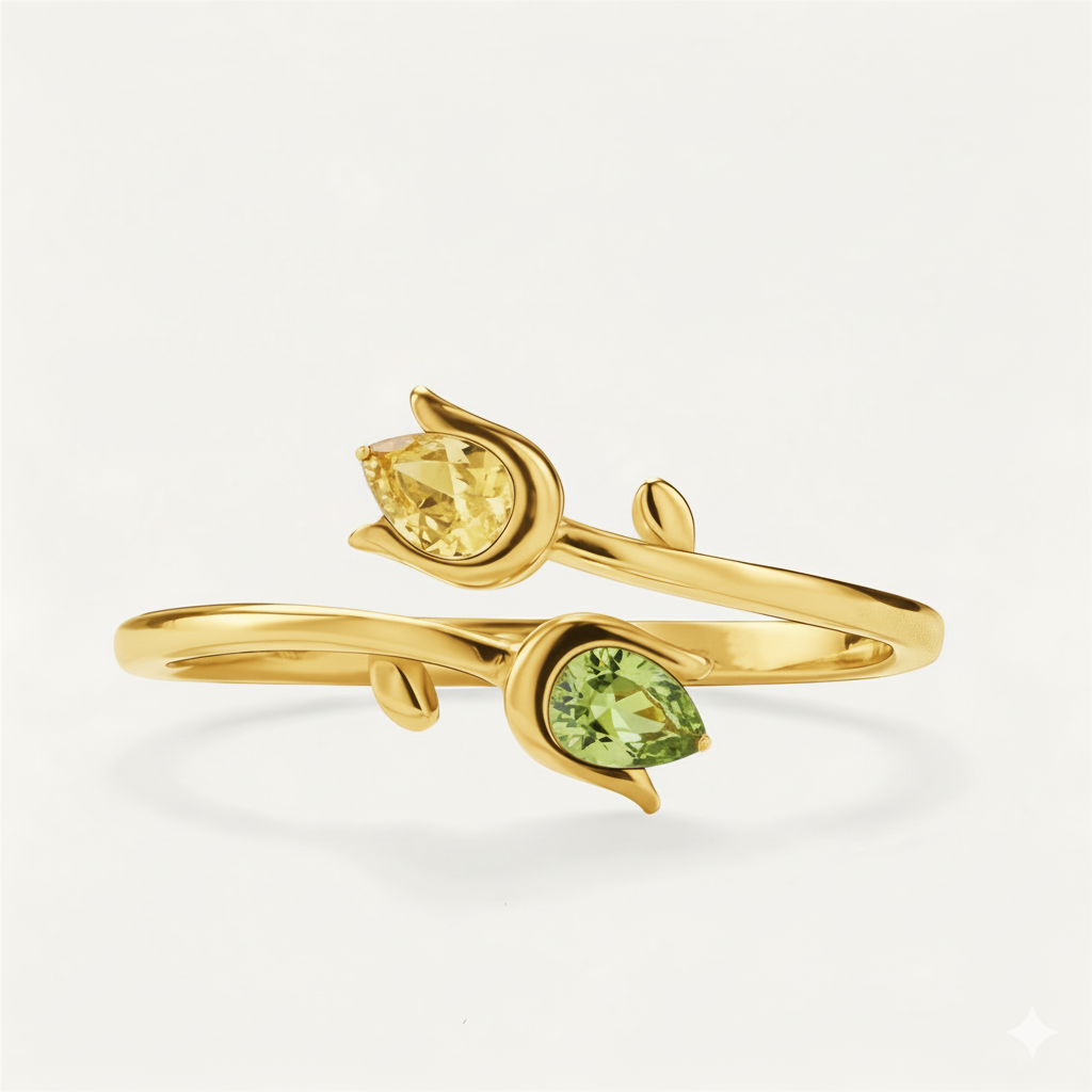 Double Birthstones Ring With Tulip Design