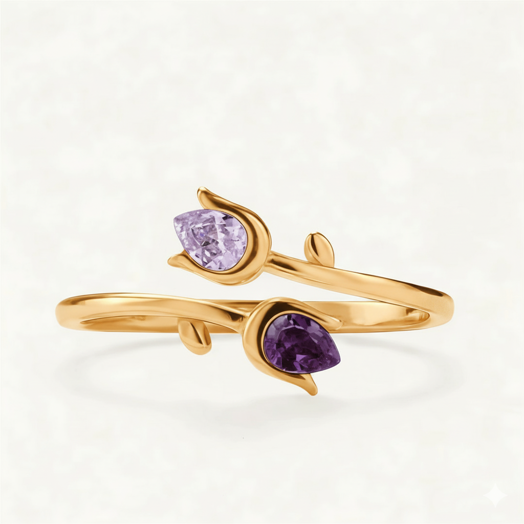 Double Birthstones Ring With Tulip Design