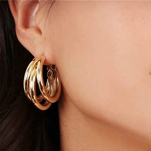 Goud kleur hoepel oorbellen voor vrouwen koreaanse kpop drie layer hoops grote dikke ronde verklaring oorbellen