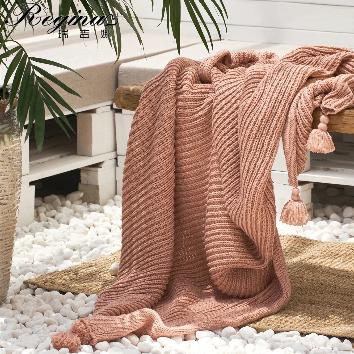 Thick Chunky Knit Throw Blanket With Tassel Stripe