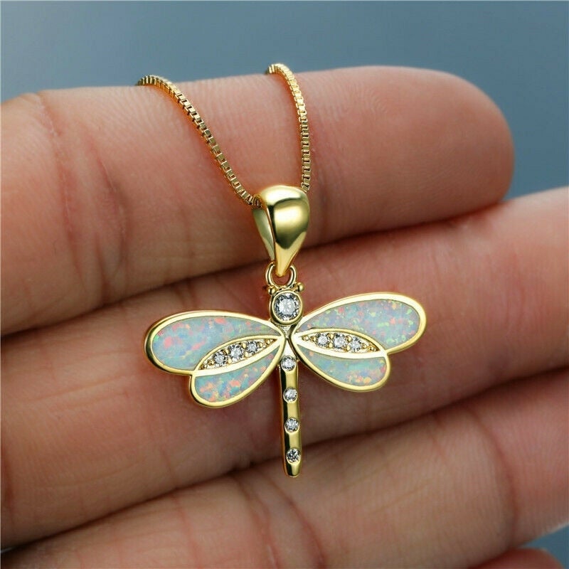Classic Opal Dragonfly Necklace in Gold