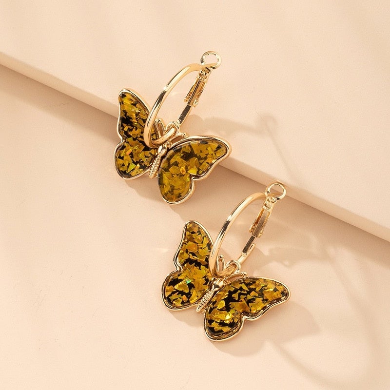 Bohemian Multicolour Butterfly Hoop Earrings in Gold
