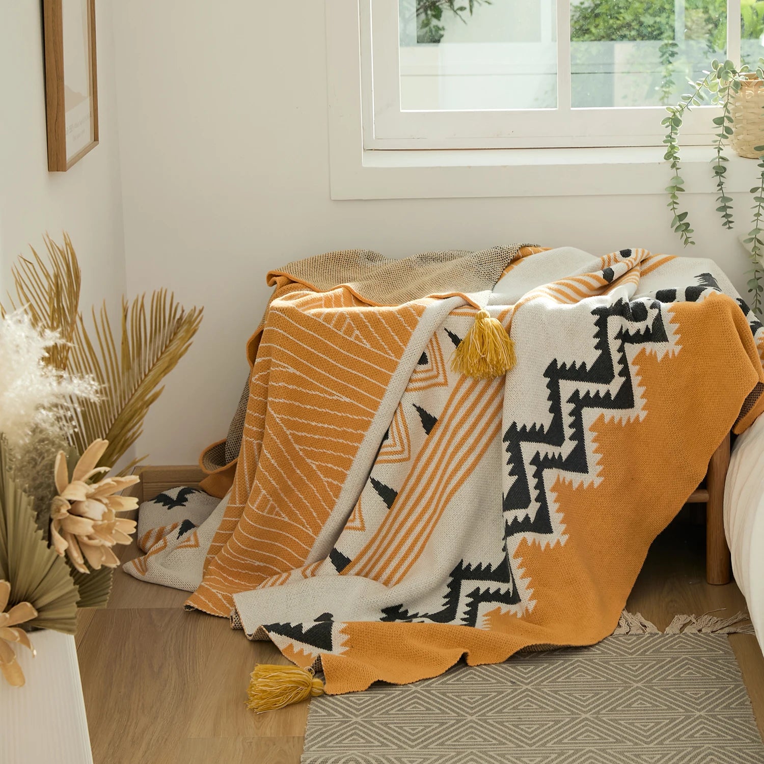 Bohemian Jacquard Knitted Throw Blanket with Tassels