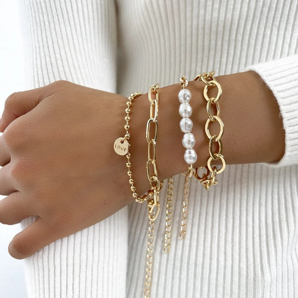 3 Piece Gold Pearl Bracelet Large Chain Set