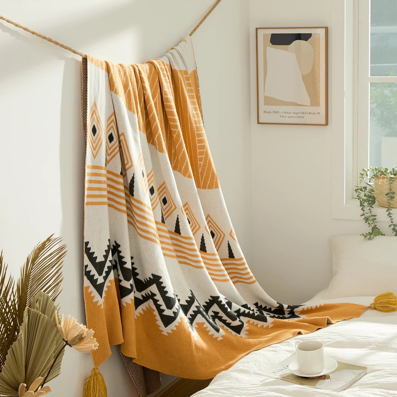 Bohemian Jacquard Knitted Throw Blanket with Tassels