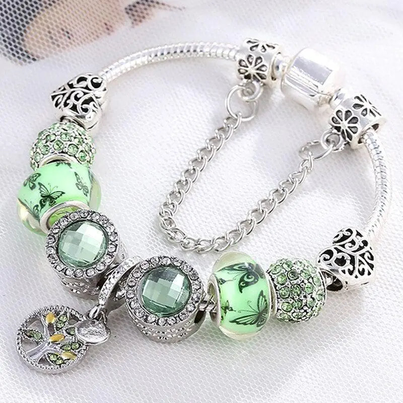 Elegant Green Crystal Bracelet in Silver