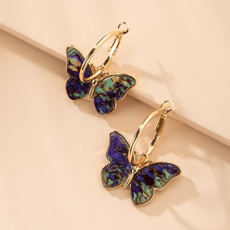 Bohemian Multicolour Butterfly Hoop Earrings in Gold