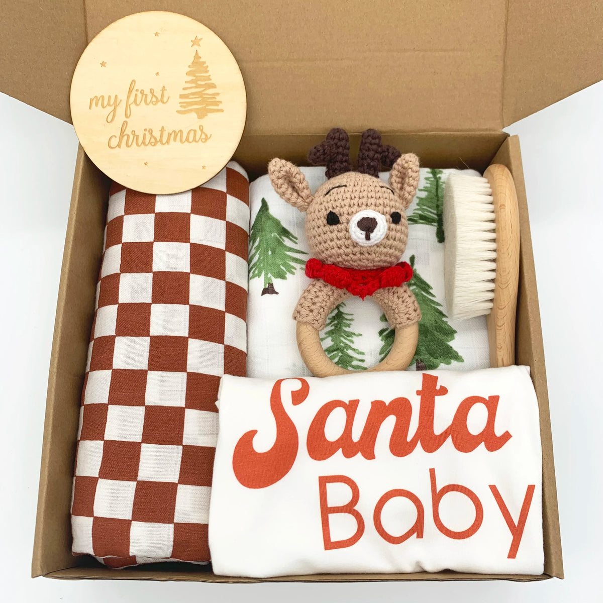 Santa Baby 6-Piece Newborn Gift Set with Reindeer Crochet Toy &amp; Wooden Keepsake