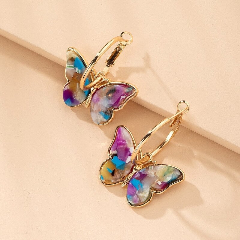 Bohemian Multicolour Butterfly Hoop Earrings in Gold